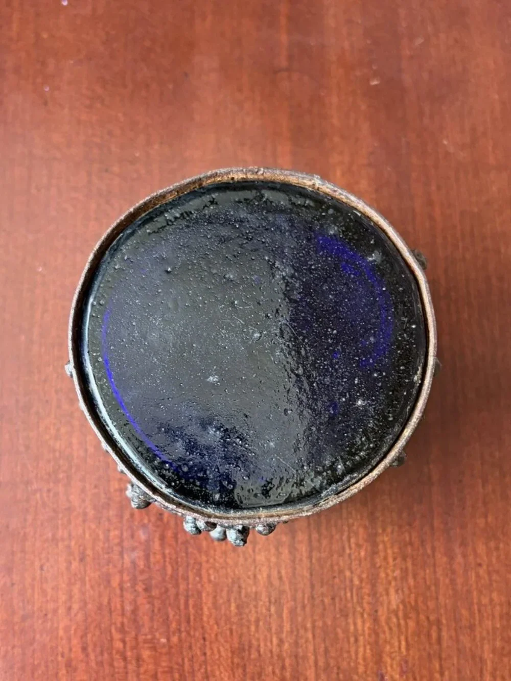 Vintage 90'S Pier 1 Brutalist Metal & Cobalt Blue Glass Candle Holder